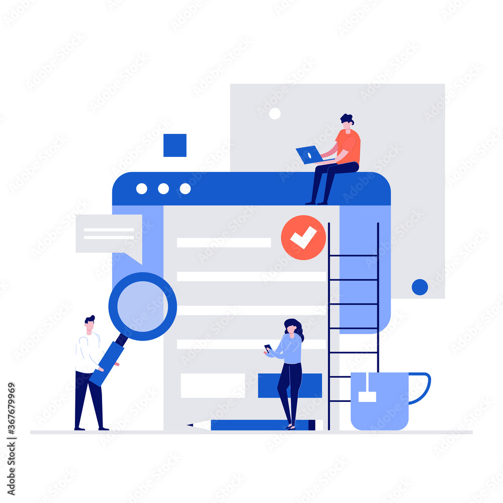 User Agreement vector illustration concept with characters and contract documents. People reading privacy policy and terms and conditions. Modern flat style for web banner, infographics, hero images