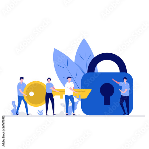 Business solution vector illustration concept with characters. Business team working together to holding a big key and unlocking the lock. Modern flat style for web banner, infographics, hero images