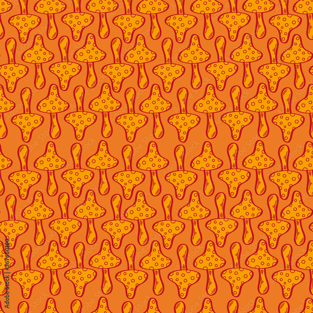 Fototapeta premium Seamless vector pattern with wild mushrooms. Inedible mushrooms. Decorative toadstool. Stylized illustration. Halloween, an autumn holiday. Yellow drawings on an orange background.