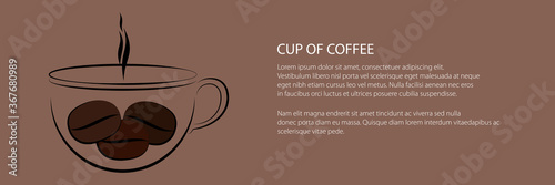 Banner of cup of hot coffee with steam and grains, vector illustration