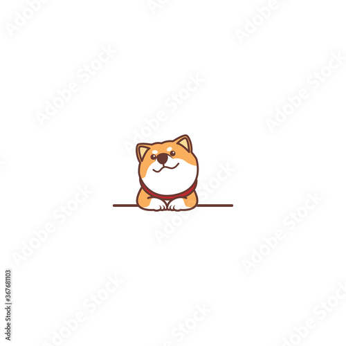 Cute shiba inu dog smiling over wall cartoon, vector illustration