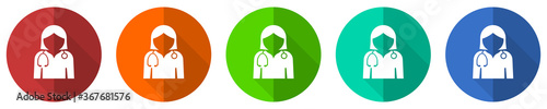 Doctor icon set, red, blue, green and orange flat design web buttons isolated on white background, vector illustration