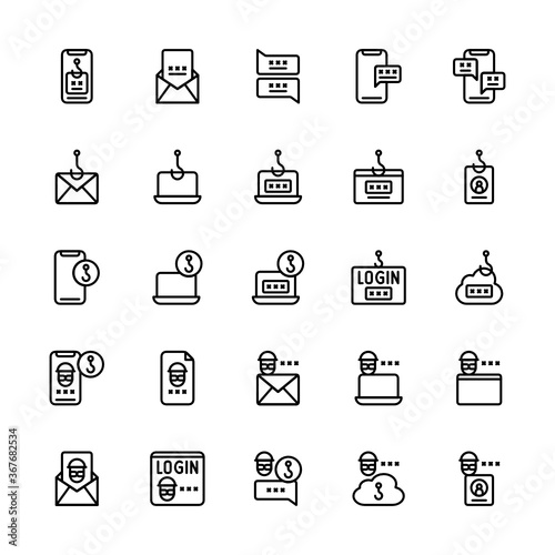 Set of Phising, Hook data Thief outline style icon - vector