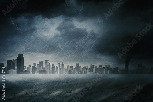 Modern city scene with heavy rainstorm