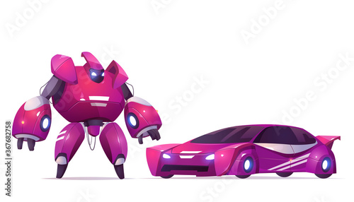 Robot transformer and sports car, robotics and artificial intelligence technologies cyborg, military combat exoskeleton character, battle alien cybernetic warrior kids toy, Cartoon vector illustration