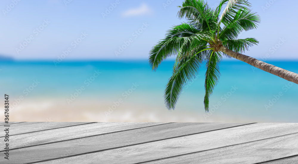 Empty wooden on tropical beach background, Summer vacation concept