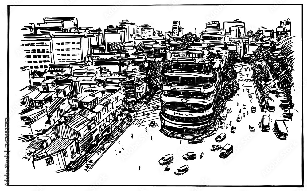 Drawing of the Hanoi cityscape in Vietnam 
