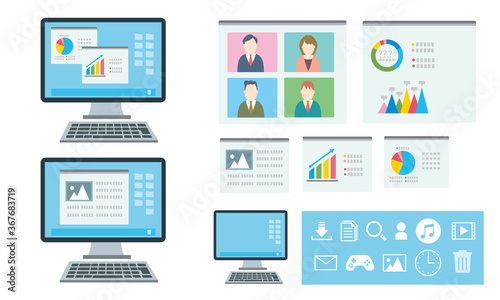 デスクトップパソコン画面各種。リモート画面。データ画面。アイコン