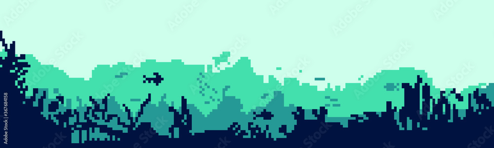 Pixel silhouette of fish and algae on the background of the reefs. Underwater ocean scene. Deep blue water, coral reef and underwater plants. beautiful underwater scene; Pixel silhouette of fish and algae on the background of the reefs. Underwater ocean scene. Deep blue water, coral reef and underwater plants. beautiful underwater scene;
