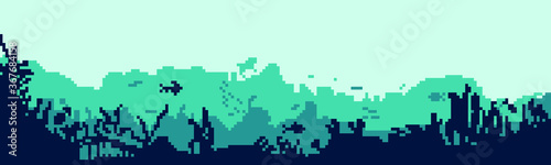 Pixel silhouette of fish and algae on the background of the reefs. Underwater ocean scene. Deep blue water, coral reef and underwater plants. beautiful underwater scene;