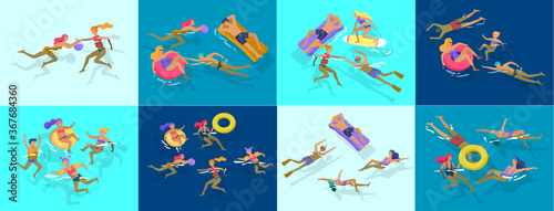 People family and children in sea, pool or ocean performing activities. Men or women swimming in swimwear, diving, surfing, lying on floating air mattress, playing ball. Cartoon vector
