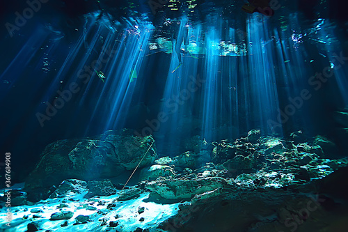 underwater cave stalactites landscape, cave diving, yucatan mexico, view in cenote under water