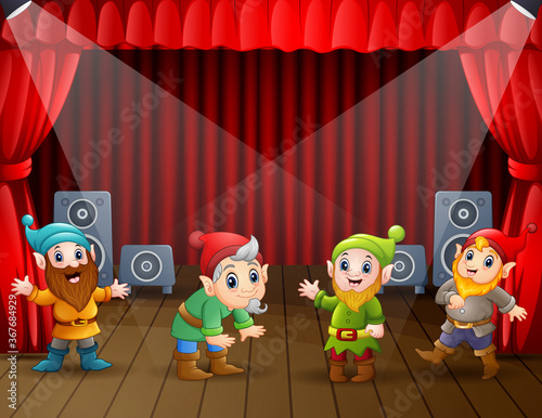 Cartoon many dwarf  performing on stage