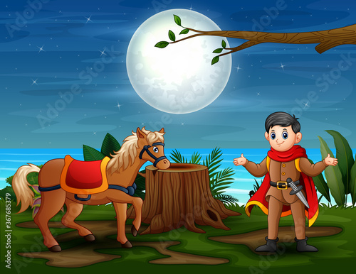 A fairytale scene with prince and horse at night