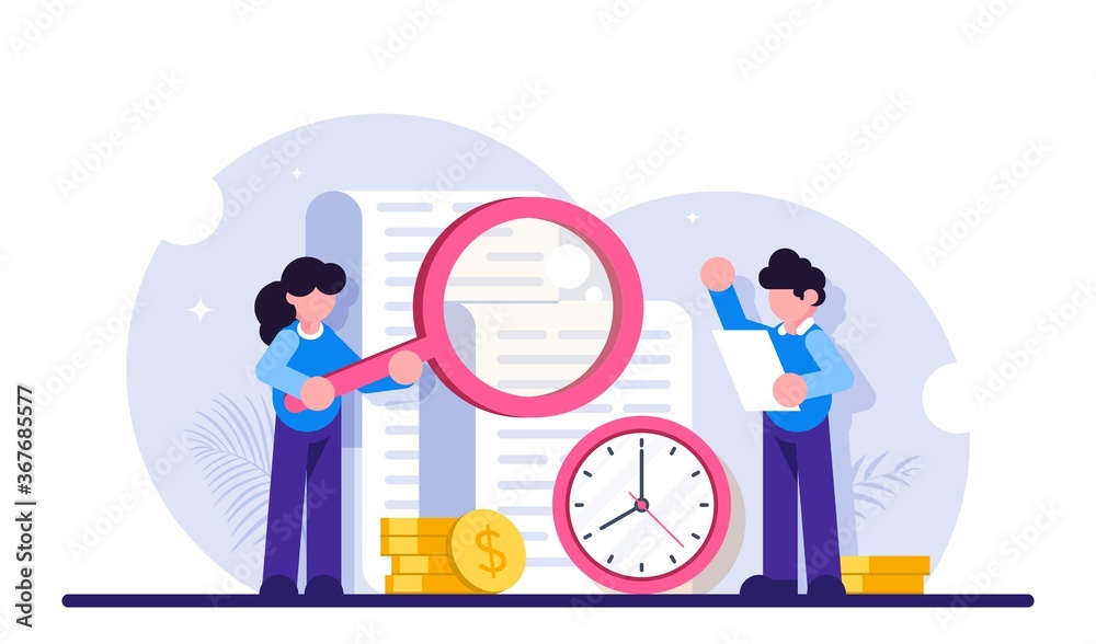 Concept of time log. Man and woman with magnifying glass standing near report, clock and stack coin. Modern flat illustration.