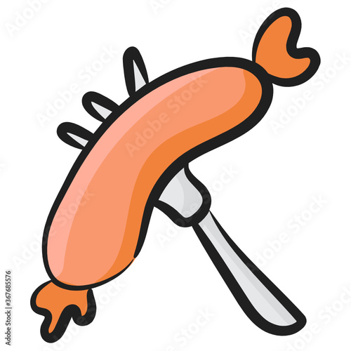 Sausage on fork icon, hand drawn editable vector.