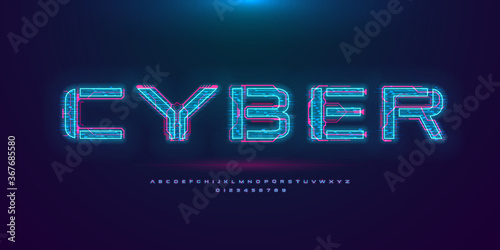 Futuristic cyberpunk hologram font. Modern English alphabet with blue hud neon effect and pink printed circuit board. Good for design promo electronic music events and game titles. Vector