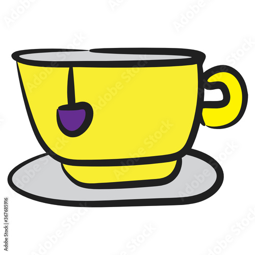 
Hot tea cup icon, hand drawn design of cup with saucer 
