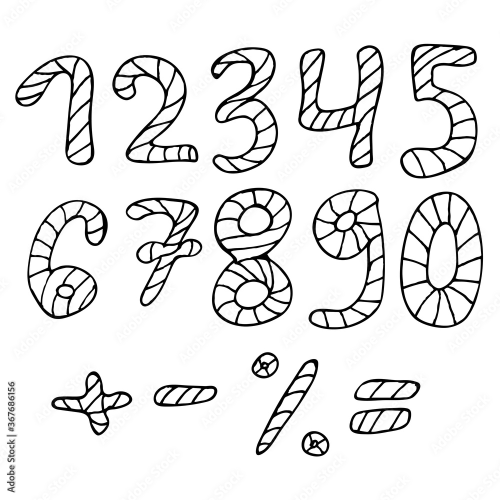 Set with black-and-white doodle numbers on white background. Vector image. Set with black-and-white doodle numbers on white background. Vector image.