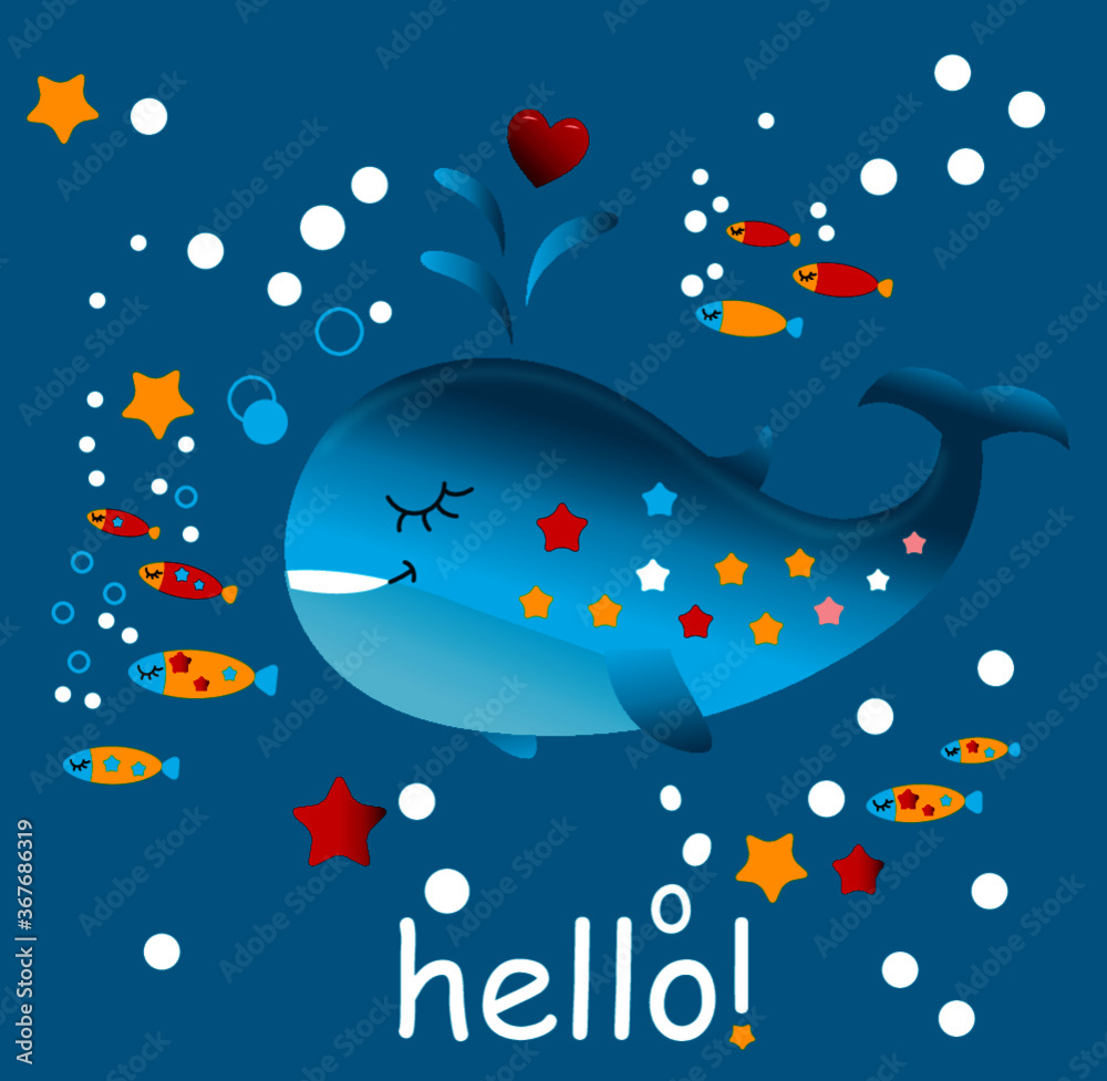 Vector illustration of a whale. Funny whale with small fishes. Illustration for kids. Card design Vector illustration of a whale. Funny whale with small fishes. Illustration for kids. Card design