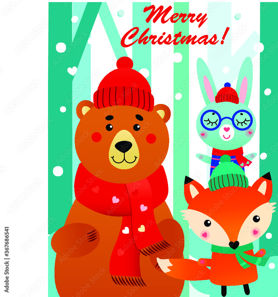 Obraz premium Vector christmas winter illustration of happy bear, fox, rabbit.Illustration for kids. Gift card