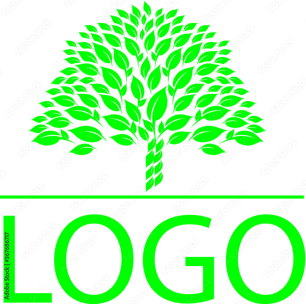Obraz premium Vector logo of green tree with small leaves. Ecology logotype. Eco icon