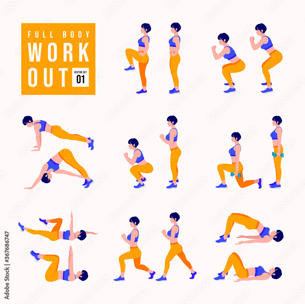 Full Body Workout Set. Women doing fitness and yoga exercises. Lunges Pushups Squats Dumbbell rows Burpees Side planks Situps Glute bridge Leg Raise Russian Twist Side Crunch .etc Stock Vektorgrafik A...