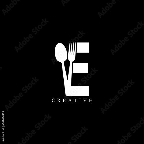 Combination fork and spoon flat E letter logo design