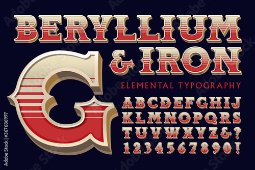 Ornate Vintage 3d Font Alphabet with Color Stripe Effects; Beryllium & Iron Elemental Typography.