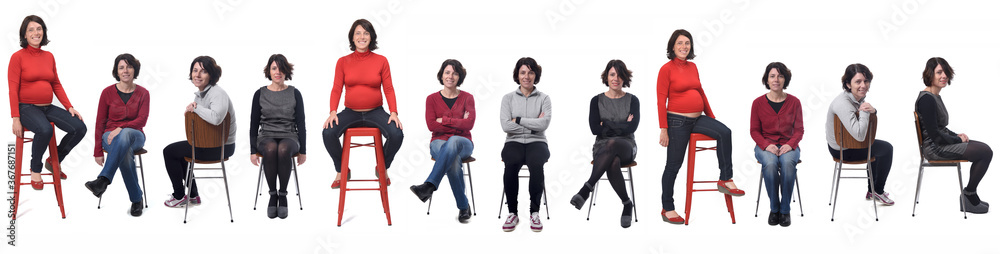 Obraz premium the same woman in different outfits and pregnant sitting in a chair on white background