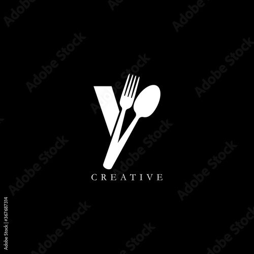 Combination fork and spoon flat Y letter logo design