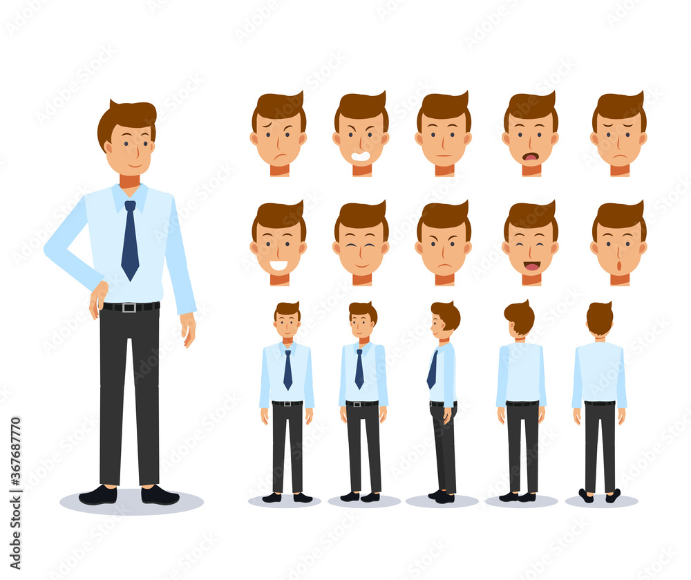 Front, side, back view animated character. Businessman Flat Vector Character creation set with various views, Cartoon style, flat vector illustration. Emotion. Front, side, back view animated character. Businessman Flat Vector Character creation set with various views, Cartoon style, flat vector illustration. Emotion.