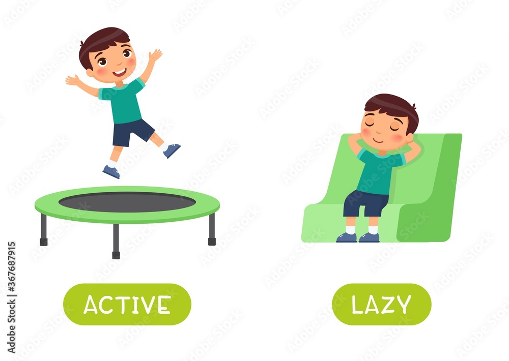 Vecteur Stock Active and lazy antonyms word card vector template. Flashcard  for english language learning. Opposites concept. The boy jumps happily on  the trampoline, the child sleeps in the chair. | Adobe
