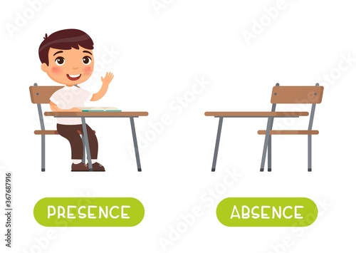 Absence and presence antonyms word card vector template. Flashcard for english language learning. Opposites concept. Little boy sits at a school desk, absences at school. Illustration with typography