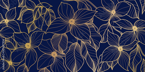Glden flower and blue wallpaper. Elegant decorative floral pattern for printing  sales  design of postcards  packaging  covers  cases and prints. Vector illustration.