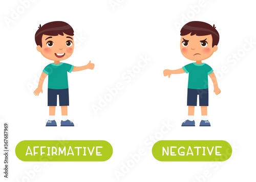 Affirmative and negative antonyms word card vector template. Flashcard for english language learning. Opposites concept. Little joyful boy shows thumbs up, displeased boy shows thumbs down gesture.