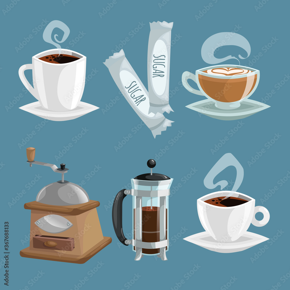 Coffee objects set. White cup of coffee with heart shaped cream, sugar ...