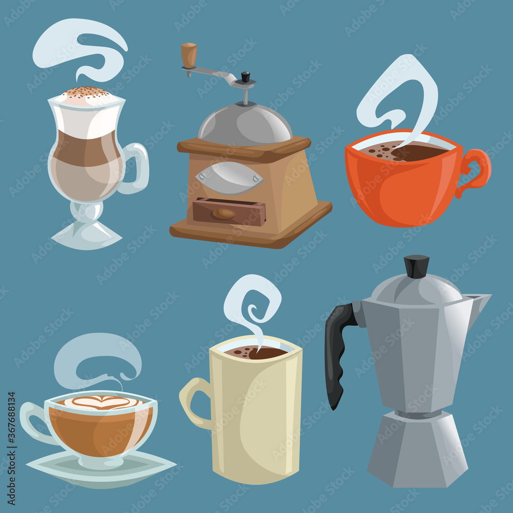 Coffee objects set. Cups of coffee with heart shaped cream and steam, grinder, geyser coffee maker pot. Vector cartoon style flat illustrations. Stock Vector | Adobe Stock Coffee objects set. Cups of coffee with heart shaped cream and steam, grinder, geyser coffee maker pot. Vector cartoon style flat illustrations. Stock Vector | Adobe Stock