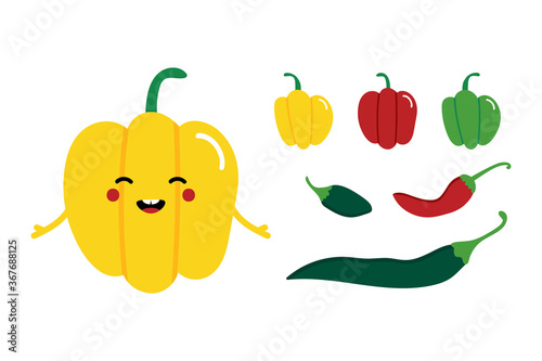 Cute smiling cartoon yellow bell pepper character with set, collection of colorful chili peppers.
