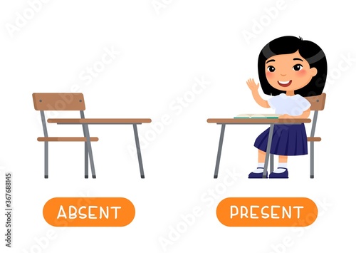 Absent and present antonyms word card vector template. Flashcard for english language learning. Opposites concept. Asian little girl sits at a school desk, absents at school. 