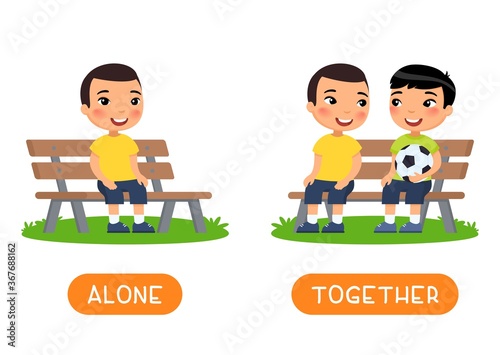 Antonyms concept, ALONE and TOGETHER. Educational word card with opposites.  Flash card for English studying. Two little asian boys are sitting on bench, child is sitting alone