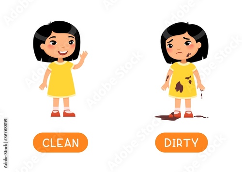 DIRTY and CLEAN antonyms word card vector template. Flashcard for english language learning. Opposites concept. Little clean asian girl waves his hand, dirty child is sad. Illustration with typography