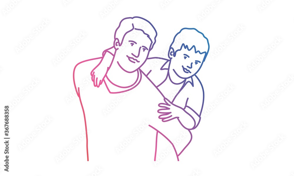 Happy family. Father and son. Rainbow colours in linear vector illustration.