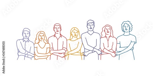 People holding hands together in a line. Hand drawn vector illustration.