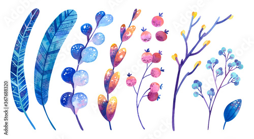 Blue and purple cosmic plants with symbols of stars and the moon. Feathers, flowers, leaves, berries. Watercolor illustrations set. Clipart collection for postcard, banner design