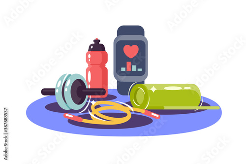 Sports equipment of health watch, skipping rope, dumbbell and bottle.