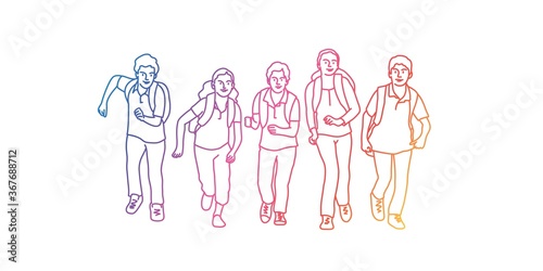 Pupils with Backpack Running to School. Rainbow colours in linear vector illustration. 