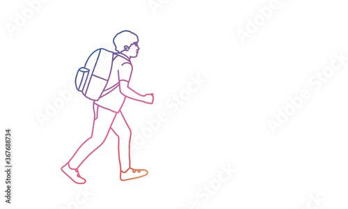 Boy with Backpack Goes to School. Rainbow colours in linear vector illustration.