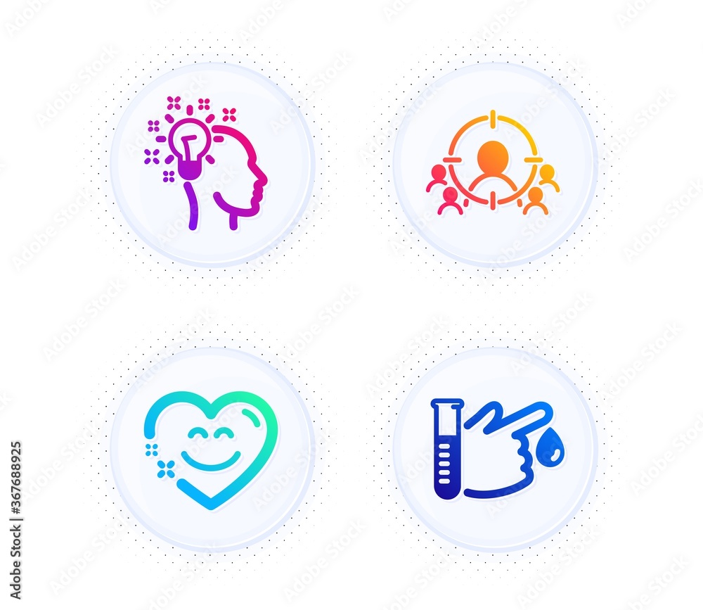 Business targeting, Idea and Smile chat icons simple set. Button with halftone dots. Blood donation sign. People and target aim, Creative designer, Heart face. Medicine analyze. People set. Vector Business targeting, Idea and Smile chat icons simple set. Button with halftone dots. Blood donation sign. People and target aim, Creative designer, Heart face. Medicine analyze. People set. Vector