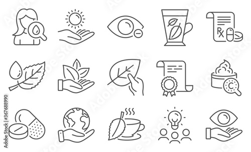 Set of Healthcare icons, such as Moisturizing cream, Collagen skin. Diploma, ideas, save planet. Organic product, Myopia, Sun protection. Organic tested, Mint leaves, Leaf dew. Vector